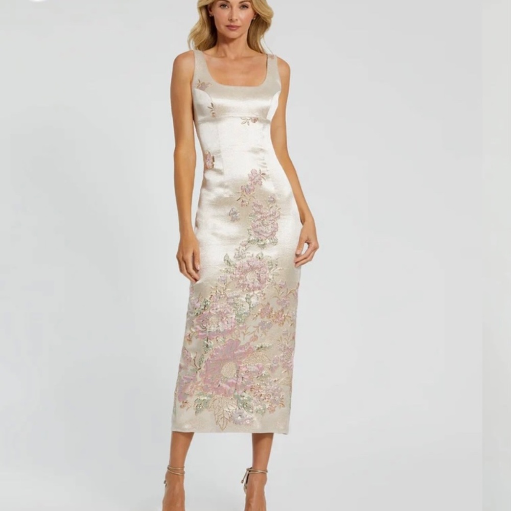 Mac Duggal Ivory Satin Midi Dress with Pink Floral Embroidery